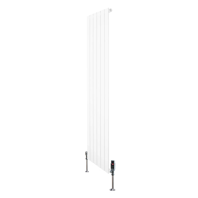 Flat single column radiator in white, 1600mm x 420mm, featuring sleek vertical lines and modern valves for efficient heating