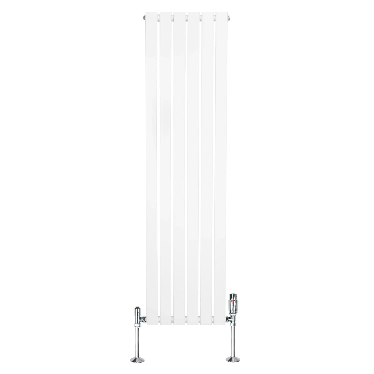 Flat single column radiator in white, 1600mm x 420mm, featuring sleek vertical lines and chrome valves for modern interiors