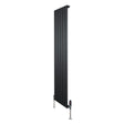 Sleek black flat single column radiator with vertical panels, measuring 1600mm x 420mm, includes stylish valves for modern decor