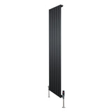 Sleek black flat single column radiator with vertical panels, measuring 1600mm x 420mm, includes stylish valves for modern decor