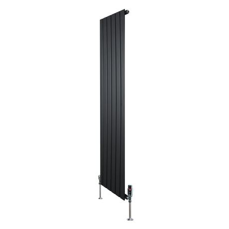 Sleek black flat single column radiator with vertical panels, measuring 1600mm x 420mm, includes stylish valves for modern decor