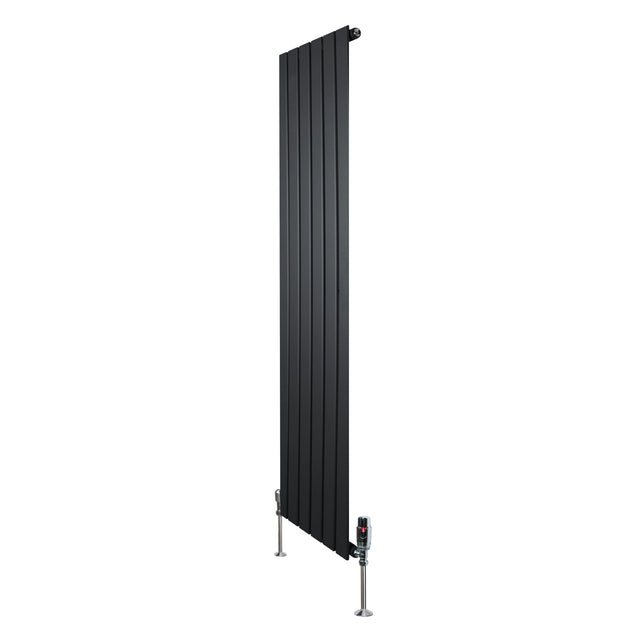 Sleek black flat single column radiator with vertical panels, measuring 1600mm x 420mm, includes stylish valves for modern decor