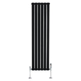 Sleek black flat single column radiator with chrome valves, measuring 1600mm x 420mm, featuring a modern vertical design
