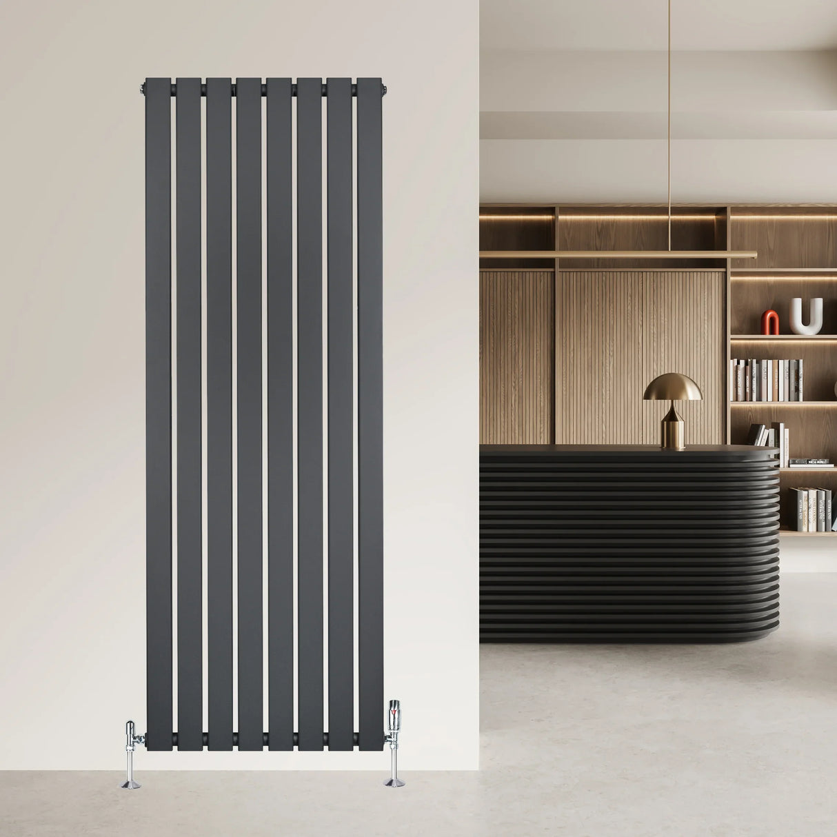 Flat single column radiator in anthracite grey, 1600mm x 560mm, featuring vertical slats and modern valves, set against a stylish interior