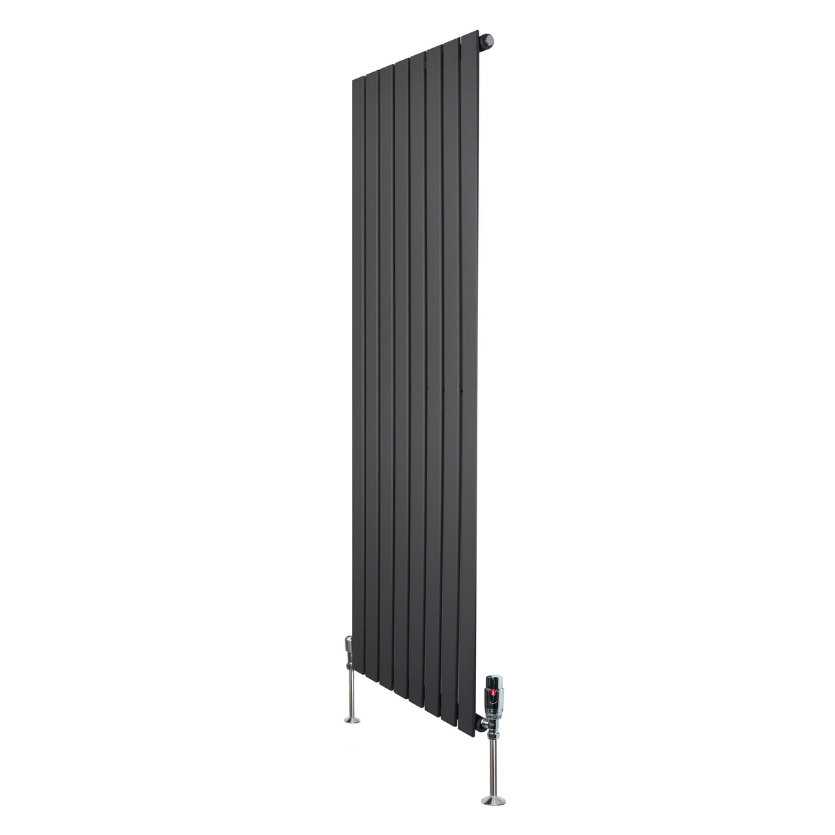 Flat single column radiator in anthracite grey, 1600mm x 560mm, featuring sleek vertical lines and modern valve design