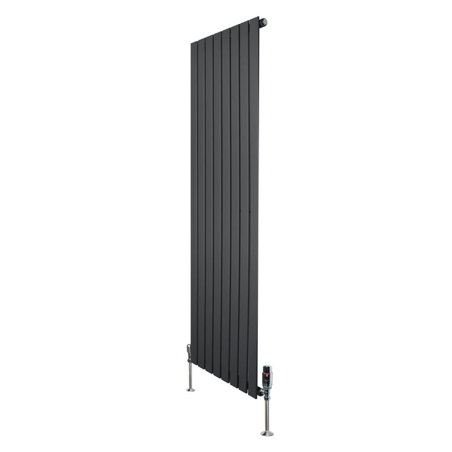Flat single column radiator in anthracite grey, 1600mm x 560mm, featuring sleek vertical lines and modern valve design