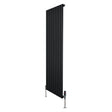 Flat single column radiator in sleek black finish, measuring 1600mm x 560mm, featuring modern vertical design and valves