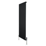 Flat single column radiator in sleek black finish, measuring 1600mm x 560mm, featuring modern vertical design and valves