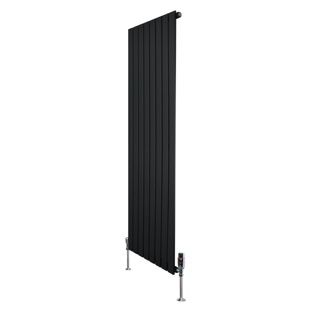 Flat single column radiator in sleek black finish, measuring 1600mm x 560mm, featuring modern vertical design and valves