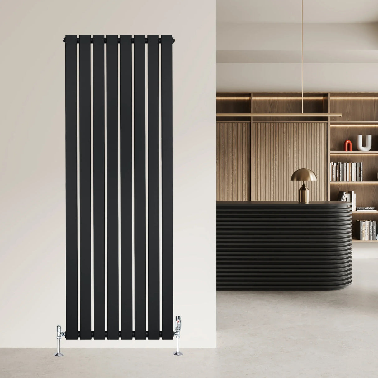 Sleek black flat single column radiator with vertical slats, mounted on a wall, complemented by stylish valves and modern decor