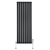 Sleek black flat single column radiator with vertical slats, measuring 1600mm x 560mm, featuring chrome valves for modern decor