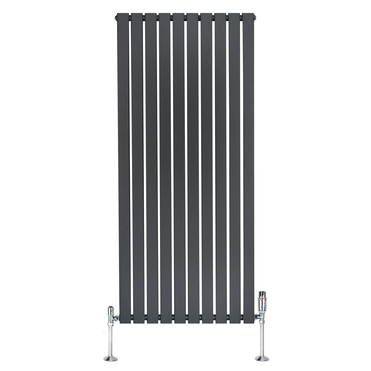Flat single column radiator in anthracite grey, 1600mm x 700mm, featuring vertical slats and chrome valves for modern heating solutions