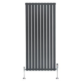 Flat single column radiator in anthracite grey, 1600mm x 700mm, featuring vertical slats and chrome valves for modern heating solutions