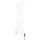 Flat single column radiator in white, measuring 1600mm x 700mm, featuring sleek vertical lines and modern valves for efficient heating