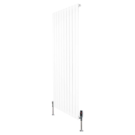 Flat single column radiator in white, measuring 1600mm x 700mm, featuring sleek vertical lines and modern valves for efficient heating