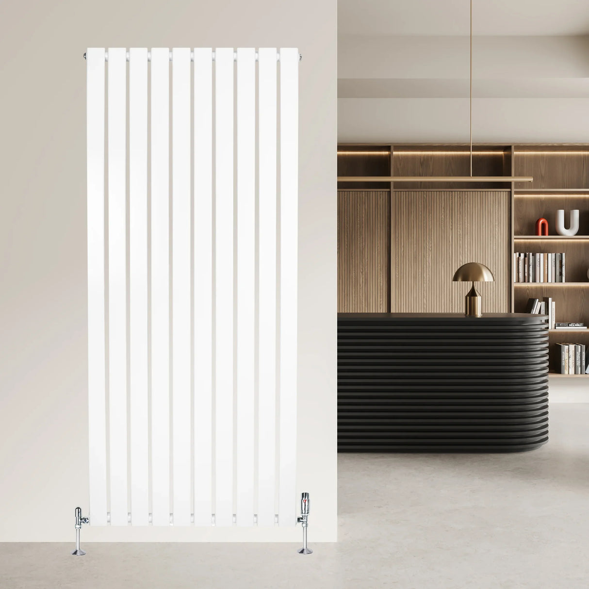 Flat single column radiator in white, 1600mm x 700mm, featuring sleek vertical lines and modern valves, enhancing contemporary interiors