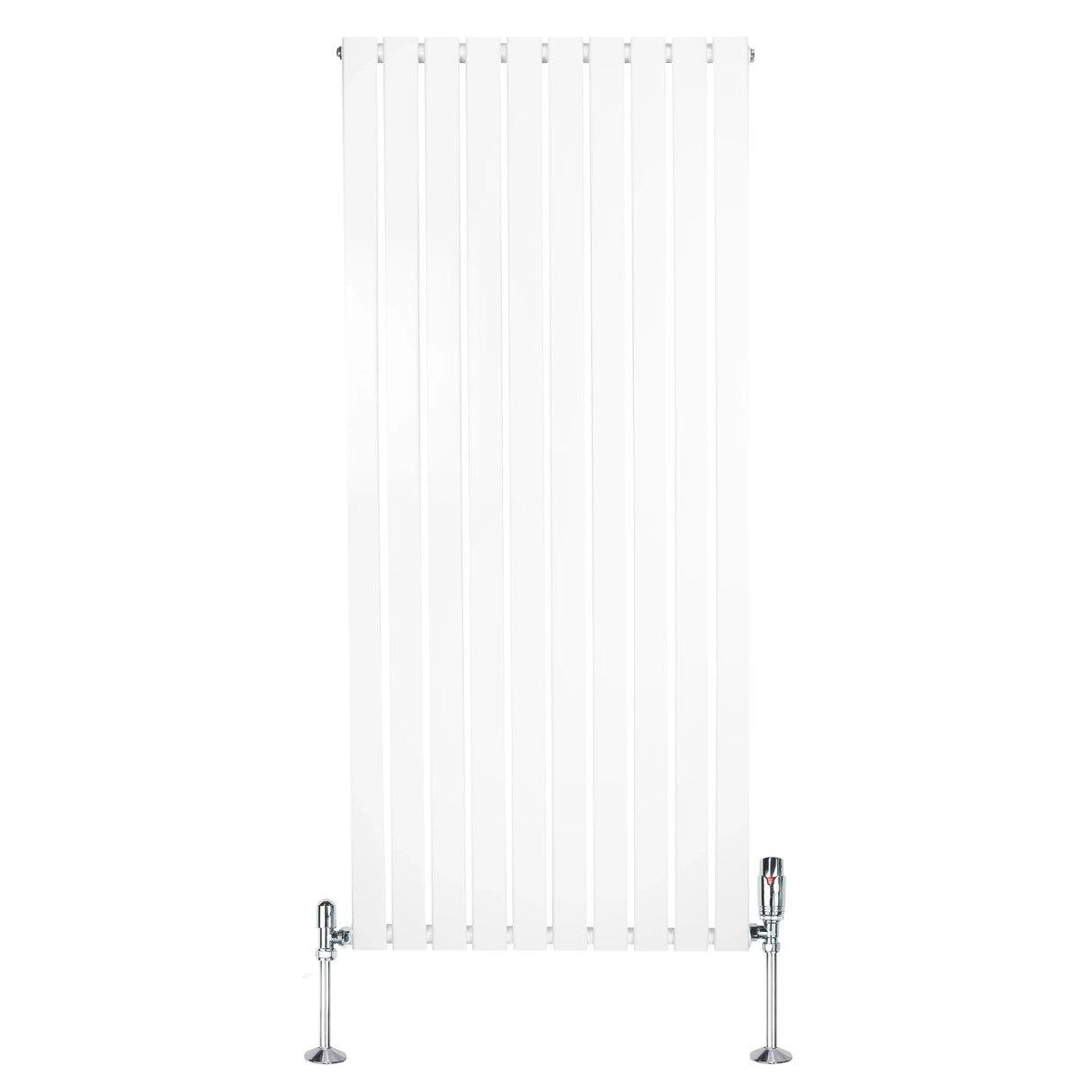 Flat single column radiator in white, 1600mm x 700mm, featuring sleek vertical lines and chrome valves for modern heating solutions