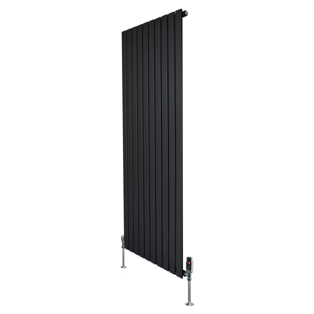 Flat single column radiator in sleek black finish, measuring 1600mm x 700mm, with modern valves and vertical design for stylish heating