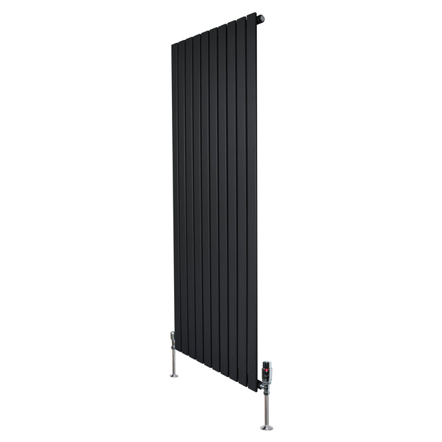 Flat single column radiator in sleek black finish, measuring 1600mm x 700mm, with modern valves and vertical design for stylish heating