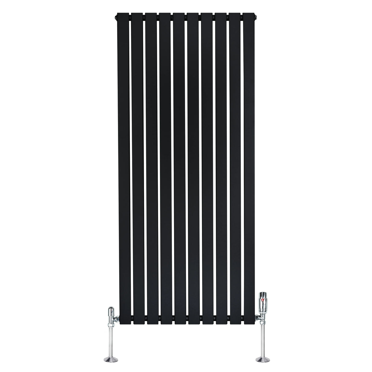 Flat single column radiator in sleek black finish, measuring 1600mm x 700mm, featuring modern vertical slats and chrome valves