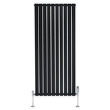 Flat single column radiator in sleek black finish, measuring 1600mm x 700mm, featuring modern vertical slats and chrome valves