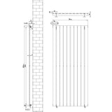 Flat single column radiator in black, measuring 1600mm x 700mm, featuring vertical bars and detailed dimensions for installation
