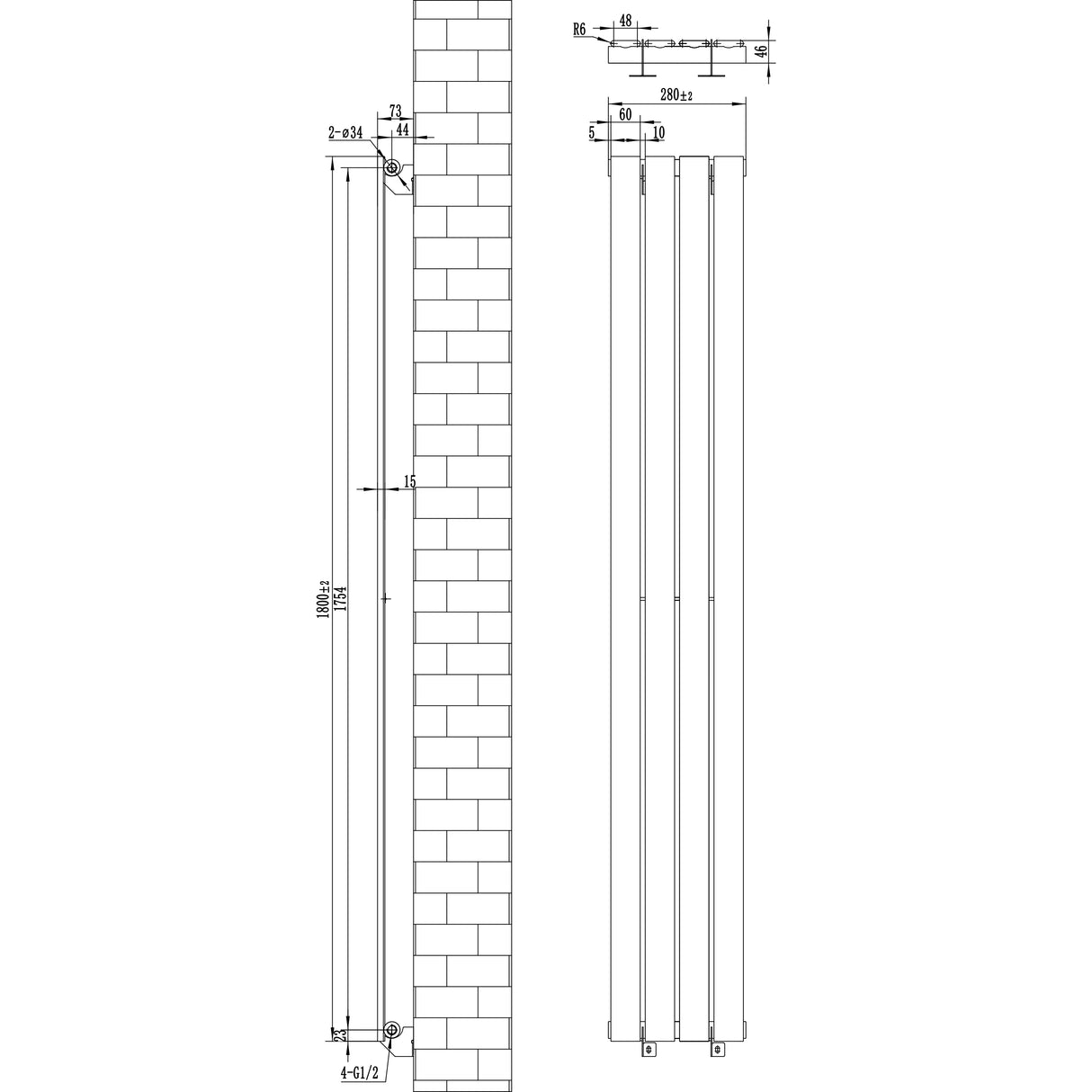 Flat single column radiator in anthracite grey, measuring 1800mm x 280mm, featuring a sleek, modern design with precise dimensions