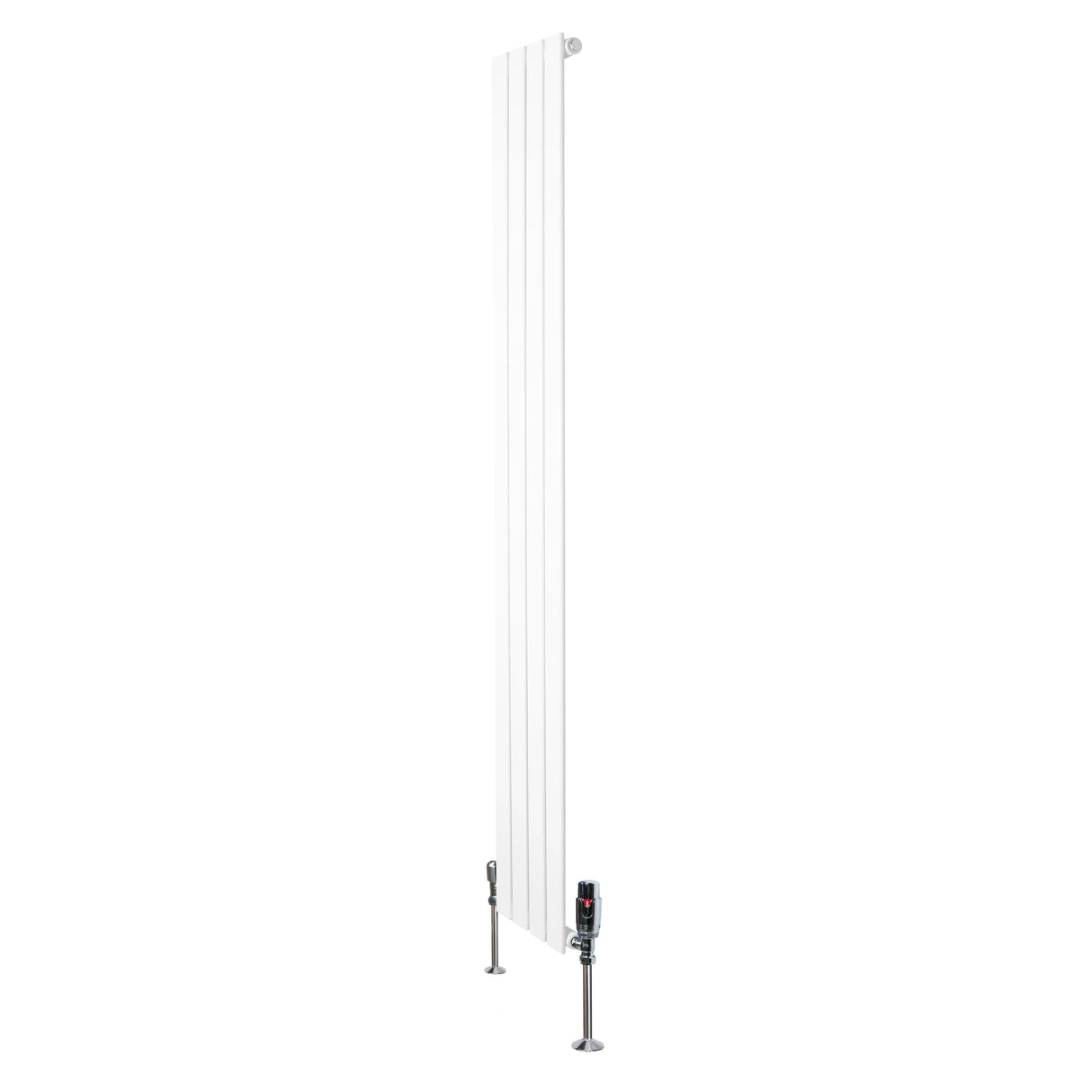 Flat single column radiator in white, 1800mm x 280mm, featuring sleek vertical lines and modern valves for efficient heating