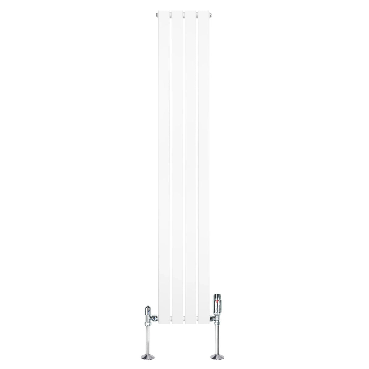 Tall white flat single column radiator with sleek vertical lines and chrome valves, measuring 1800mm x 280mm, ideal for modern spaces