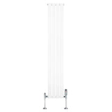Tall white flat single column radiator with sleek vertical lines and chrome valves, measuring 1800mm x 280mm, ideal for modern spaces