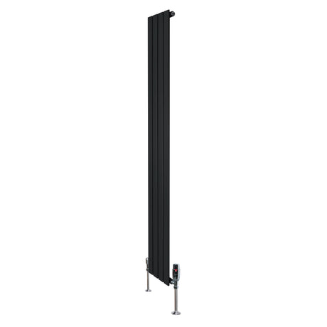 Flat single column radiator in sleek black finish, measuring 1800mm x 280mm, features modern design with matching valves