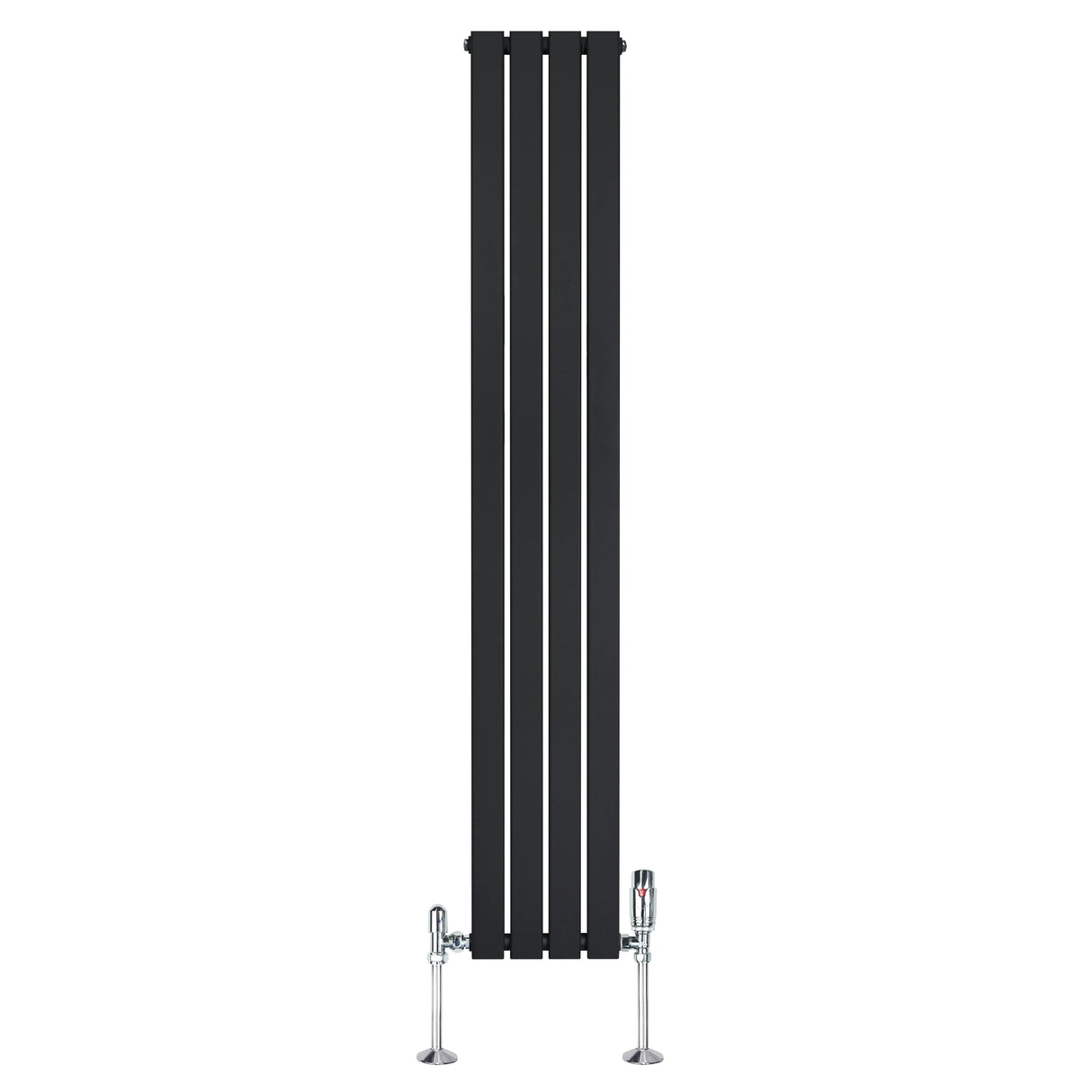 Flat black single column radiator with sleek vertical design, measuring 1800mm x 280mm, includes chrome valves for modern decor