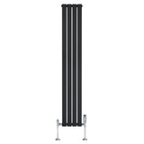 Flat black single column radiator with sleek vertical design, measuring 1800mm x 280mm, includes chrome valves for modern decor