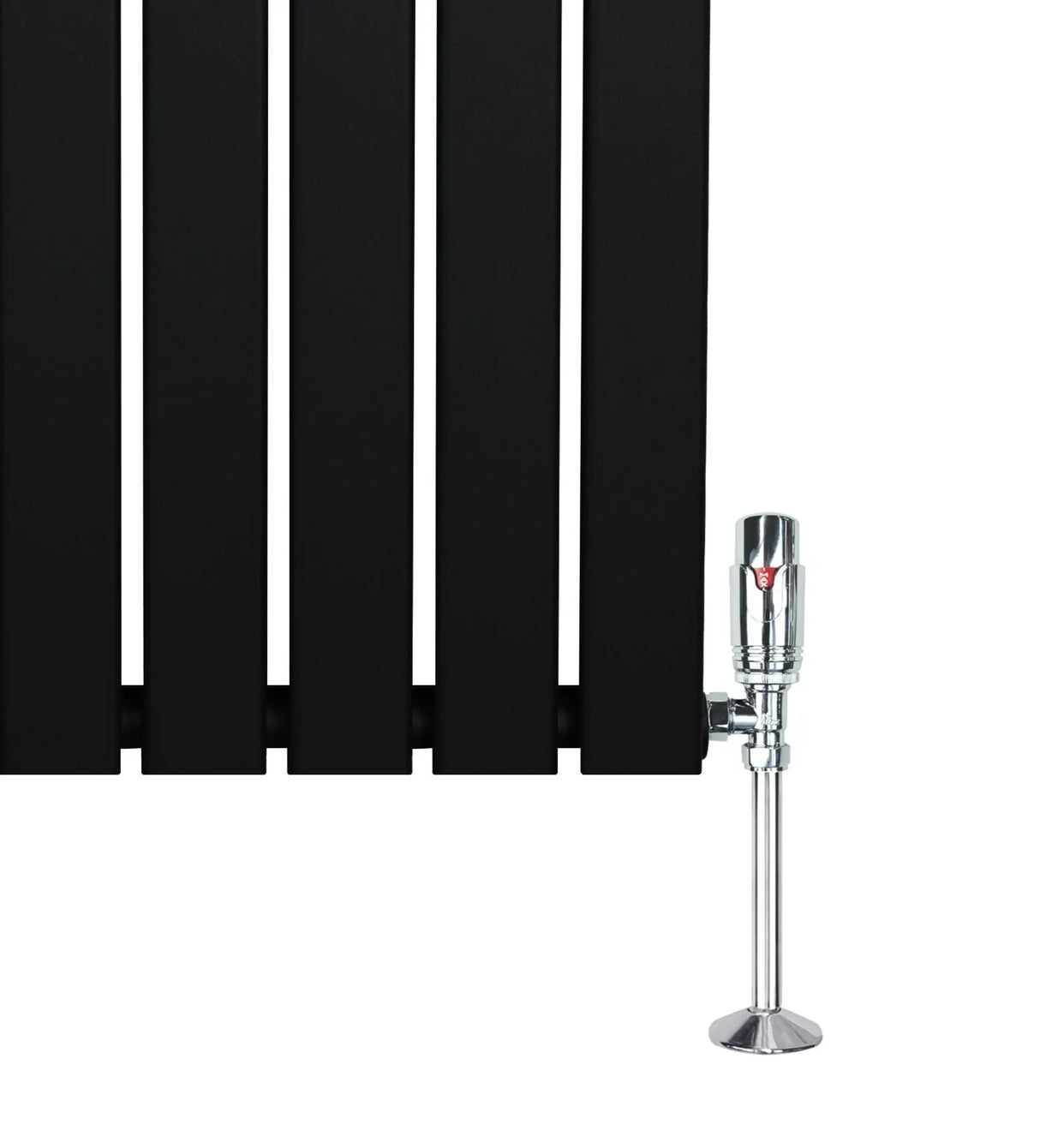 Flat single column radiator in sleek black finish, 1800mm x 280mm, featuring a chrome valve for modern heating solutions