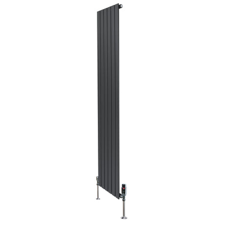 Flat single column radiator in anthracite grey, 1800mm x 420mm, featuring sleek vertical panels and modern valve design