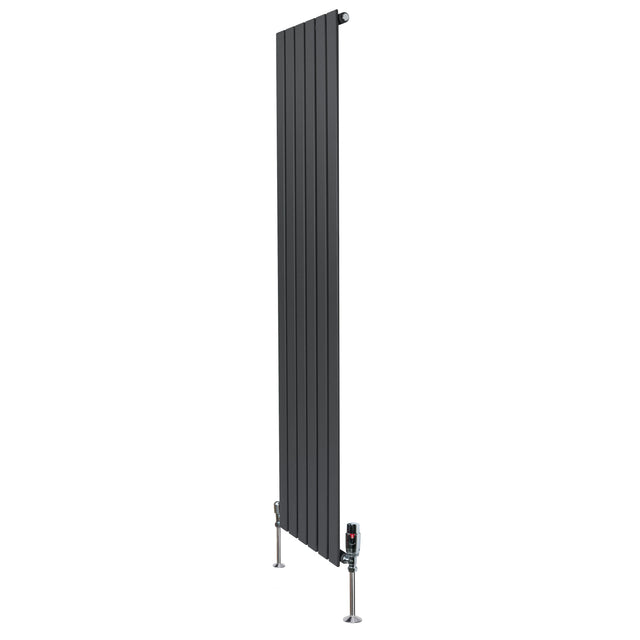 Flat single column radiator in anthracite grey, 1800mm x 420mm, featuring sleek vertical panels and modern valve design