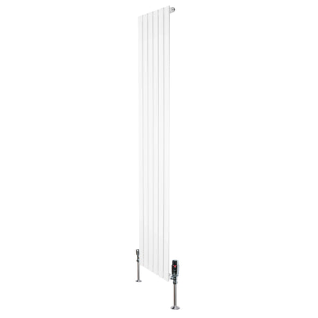 Flat single column radiator in white, 1800mm x 420mm, featuring sleek vertical lines and chrome valves for modern heating solutions