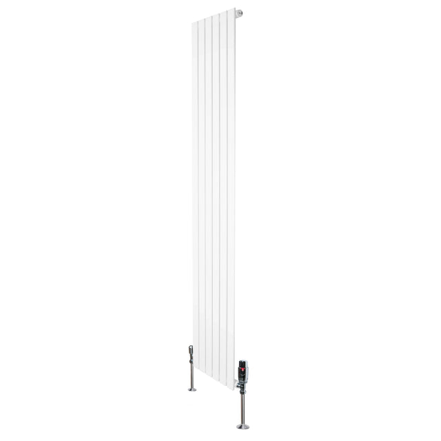 Flat single column radiator in white, 1800mm x 420mm, featuring sleek vertical lines and chrome valves for modern heating solutions
