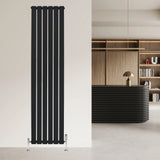 Sleek black flat single column radiator with valves, measuring 1800mm x 420mm, mounted on a modern interior wall