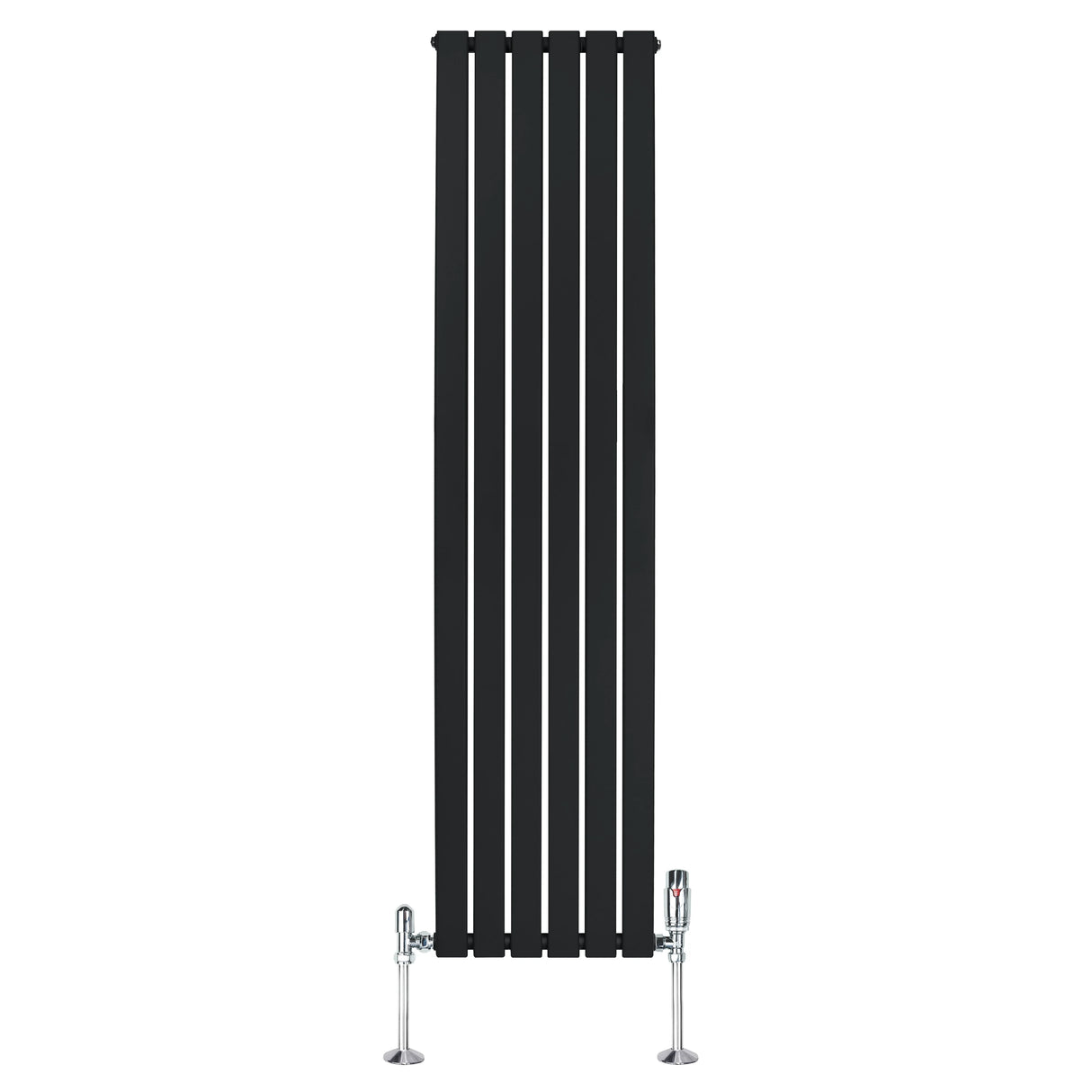 Sleek black flat single column radiator with vertical slats, measuring 1800mm x 420mm, featuring chrome valves for modern decor