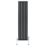 Sleek black flat single column radiator with vertical slats, measuring 1800mm x 420mm, featuring chrome valves for modern decor