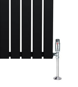 Flat single column radiator in sleek black finish, measuring 1800mm x 420mm, with a shiny chrome valve for modern interiors
