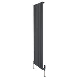 Flat single column radiator in anthracite grey, 1800mm x 560mm, featuring vertical slats and stylish valve fittings at the base