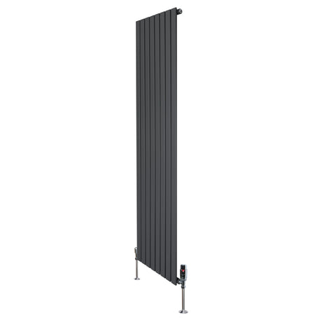 Flat single column radiator in anthracite grey, 1800mm x 560mm, featuring vertical slats and stylish valve fittings at the base