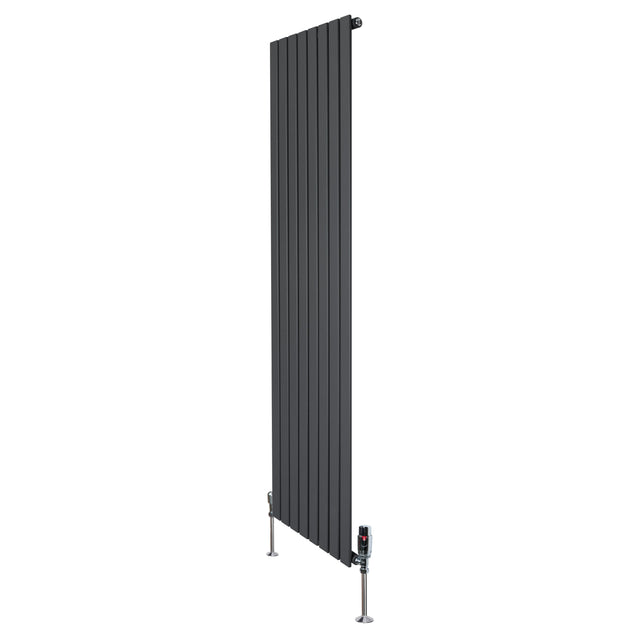 Flat single column radiator in anthracite grey, 1800mm x 560mm, featuring vertical slats and stylish valve fittings at the base