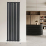 Flat single column radiator in anthracite grey, 1800mm x 560mm, featuring sleek vertical lines and modern valve fittings, enhancing contemporary decor