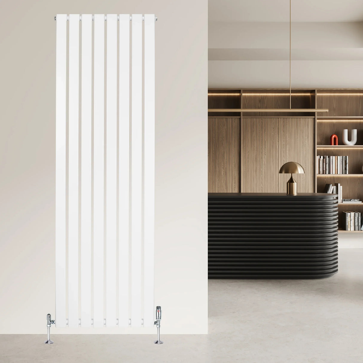 Sleek white flat single column radiator with vertical slats, measuring 1800mm x 560mm, complemented by stylish valves in a modern interior setting