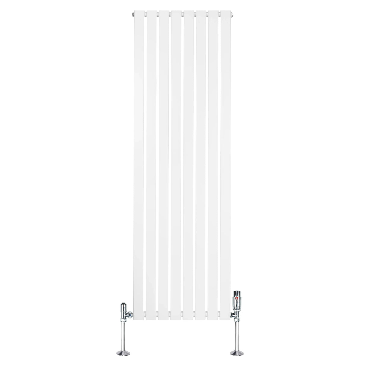 Flat single column radiator in white, 1800mm x 560mm, featuring sleek vertical lines and chrome valves for modern heating solutions