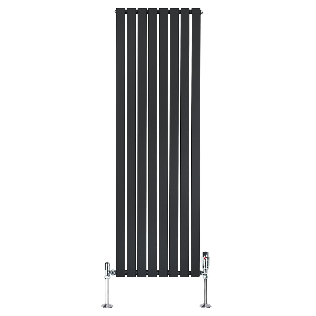 Sleek black flat single column radiator with vertical slats, measuring 1800mm x 560mm, includes stylish valves for efficient heating