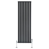 Sleek black flat single column radiator with vertical slats, measuring 1800mm x 560mm, includes stylish valves for efficient heating